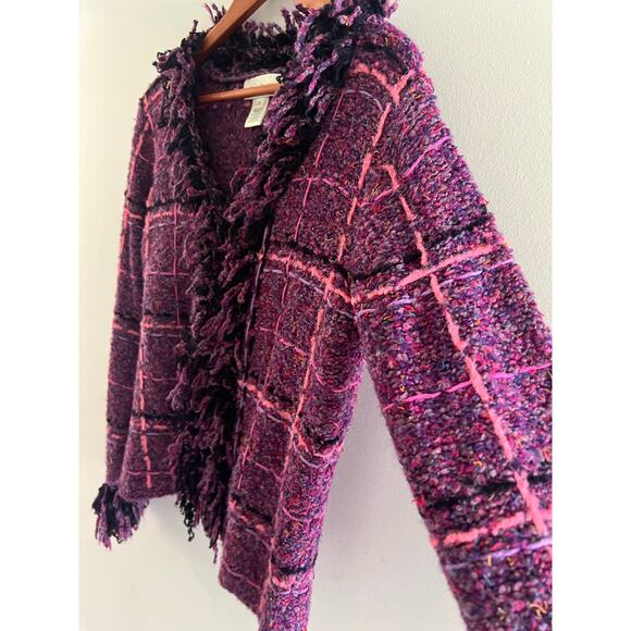 Susan Bristol Afghan Cardigan Jacket Purple Pink Plaid w Fringe Collar Small JL - Picture 3 of 8